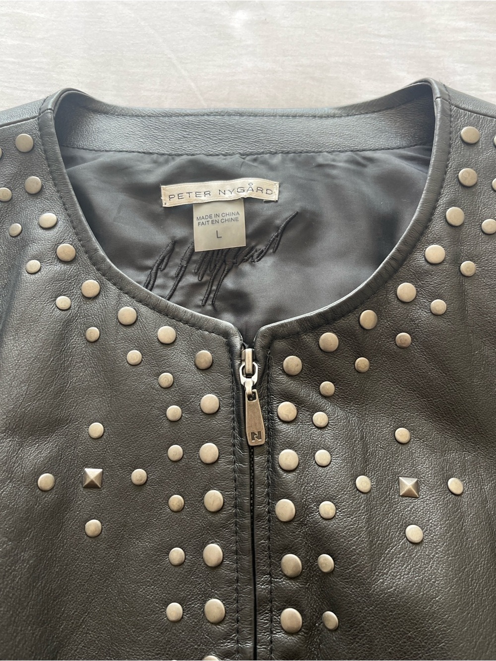 Peter Nygard Black Studded Leather and Knit Zip Jacket - Picture 2 of 8
